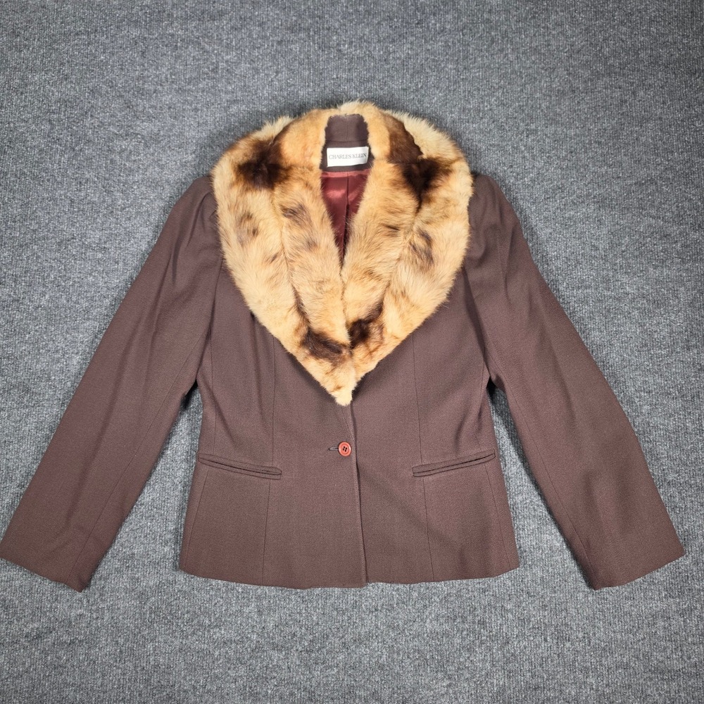 Charles Klein Vintage Wool Blazer Fur Collar Brown ILGWU USA Made Size 8